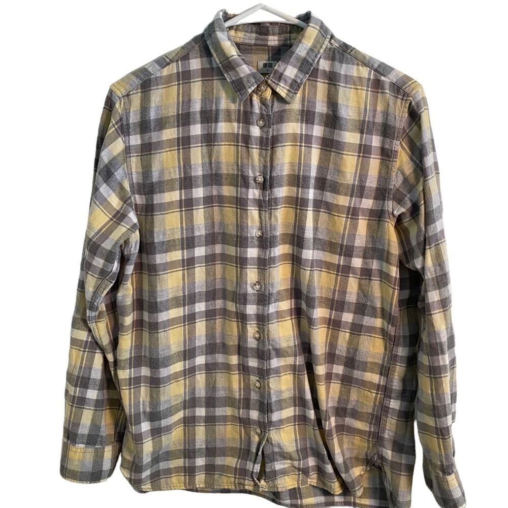 Uniqlo Flannel Shirt Womens Size Medium Plaid Long Sleeve Cozy Gray yellow